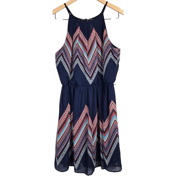 by & by Chevron Print Boho Western High Neck Mini Dress‎ Navy Blue L - Picture 1 of 12